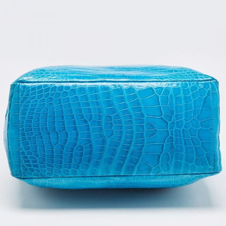 Pre Owned Gianfranco Ferre Turquoise Blue Crocodile Grommet Tote