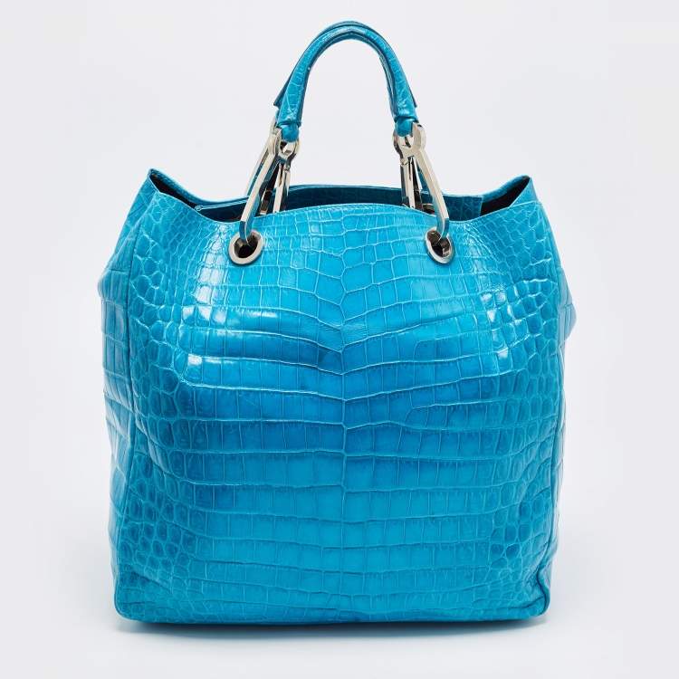 Pre Owned Gianfranco Ferre Turquoise Blue Crocodile Grommet Tote
