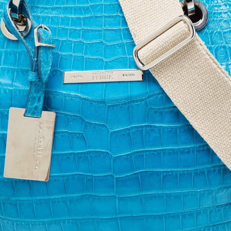 Pre Owned Gianfranco Ferre Turquoise Blue Crocodile Grommet Tote