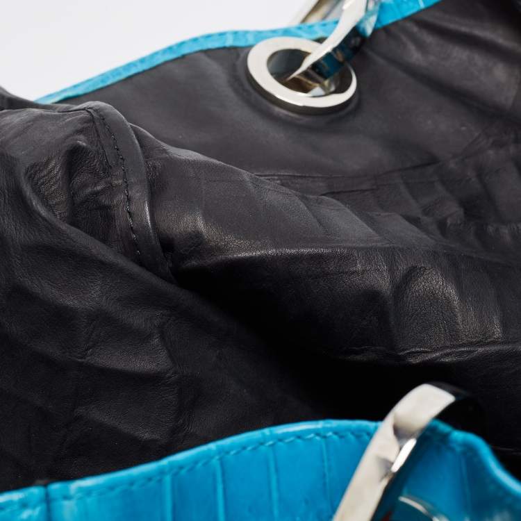 Pre Owned Gianfranco Ferre Turquoise Blue Crocodile Grommet Tote