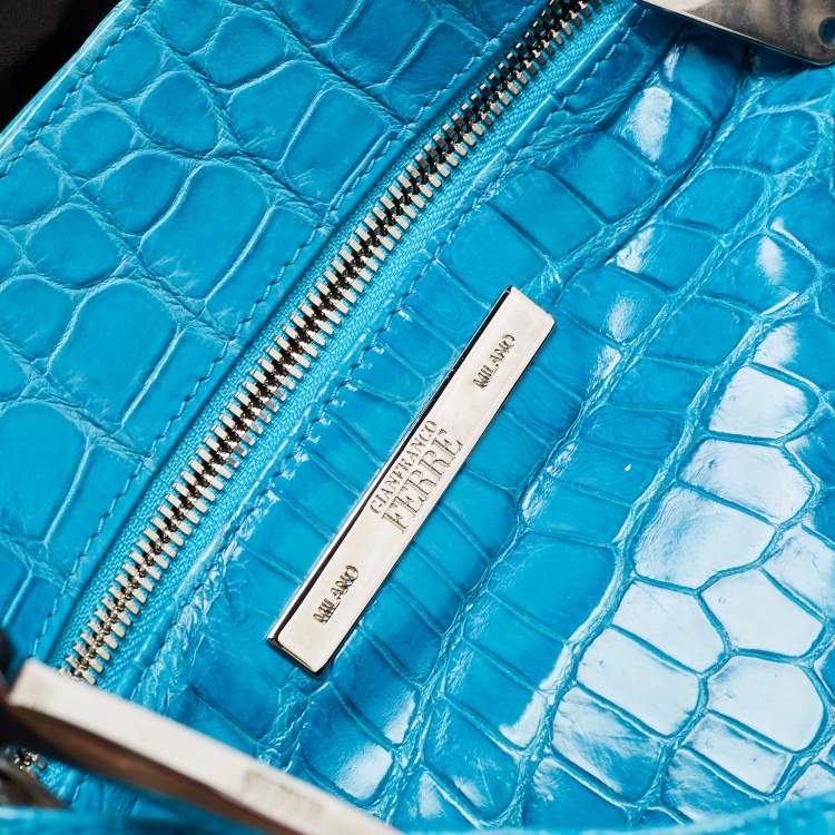 Pre Owned Gianfranco Ferre Turquoise Blue Crocodile Grommet Tote