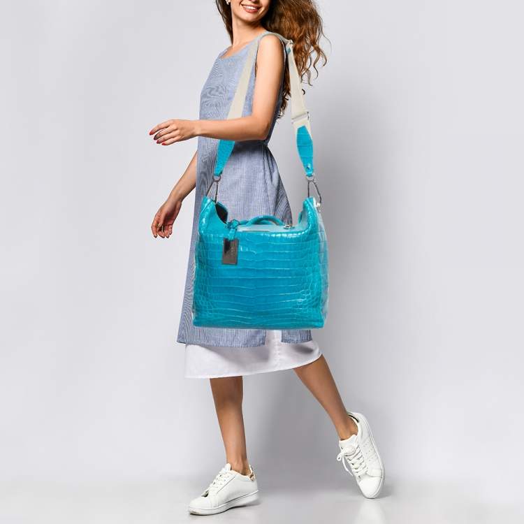 Pre Owned Gianfranco Ferre Turquoise Blue Crocodile Grommet Tote