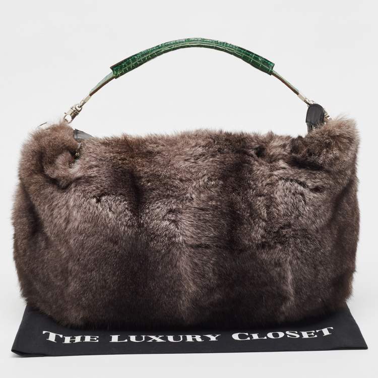 Pre Owned Gianfranco Ferre Black/Green Rabbit Fur, Croc and Leather Zip Hobo