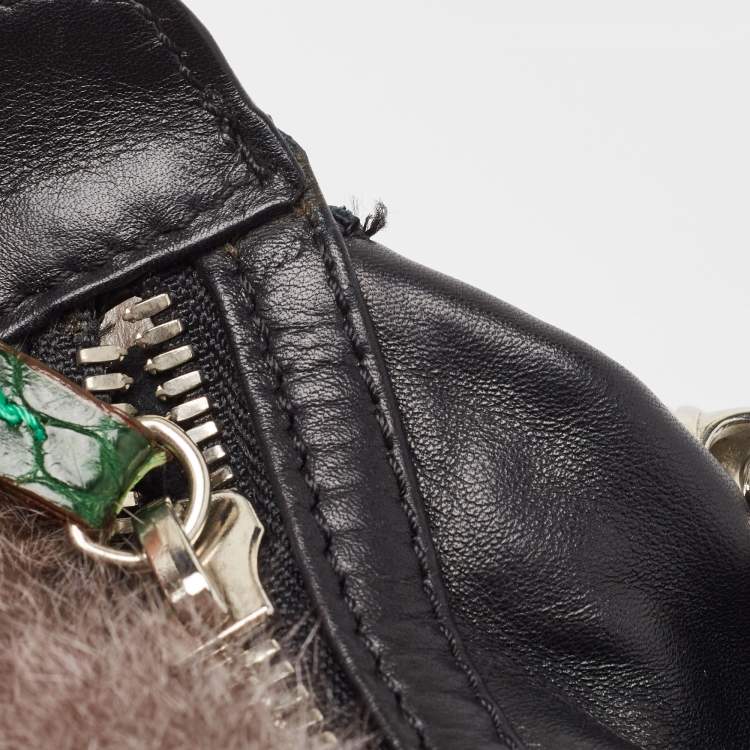 Pre Owned Gianfranco Ferre Black/Green Rabbit Fur, Croc and Leather Zip Hobo