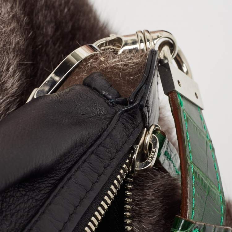 Pre Owned Gianfranco Ferre Black/Green Rabbit Fur, Croc and Leather Zip Hobo