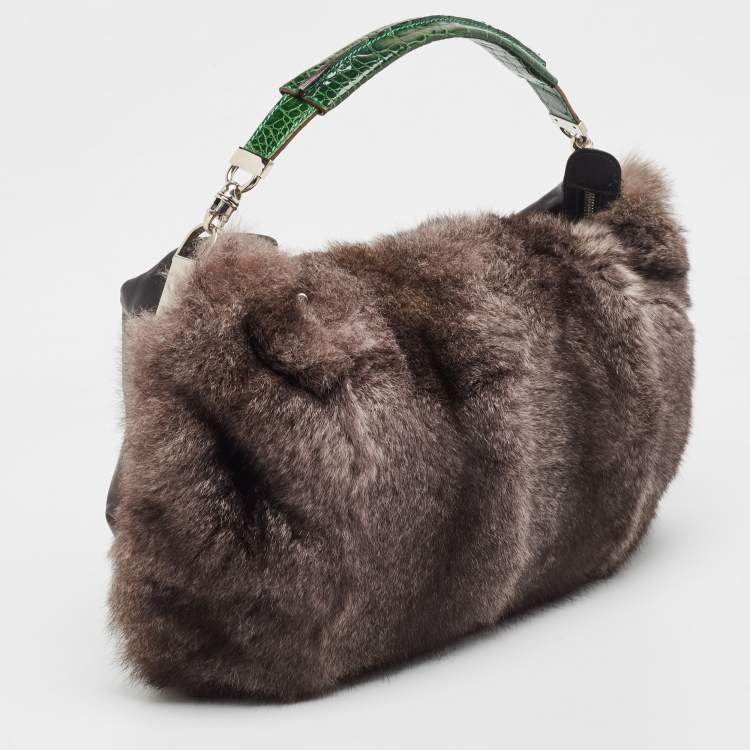 Pre Owned Gianfranco Ferre Black/Green Rabbit Fur, Croc and Leather Zip Hobo