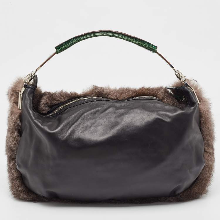 Pre Owned Gianfranco Ferre Black/Green Rabbit Fur, Croc and Leather Zip Hobo