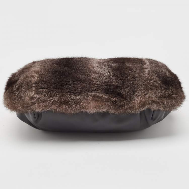 Pre Owned Gianfranco Ferre Black/Green Rabbit Fur, Croc and Leather Zip Hobo
