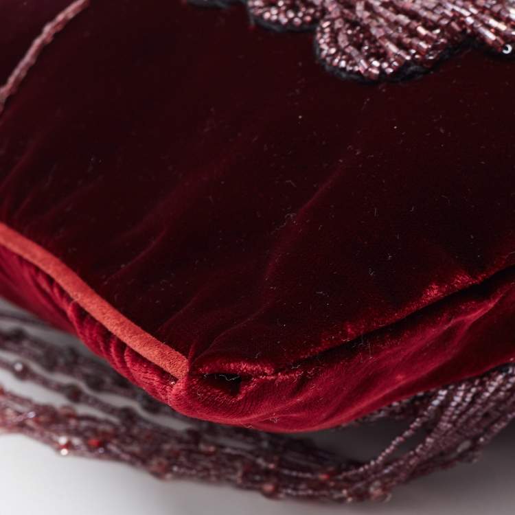 Pre Owned Gianfranco Ferre Burgundy Velvet Crystal And Bead Embellished Shoulder Bag