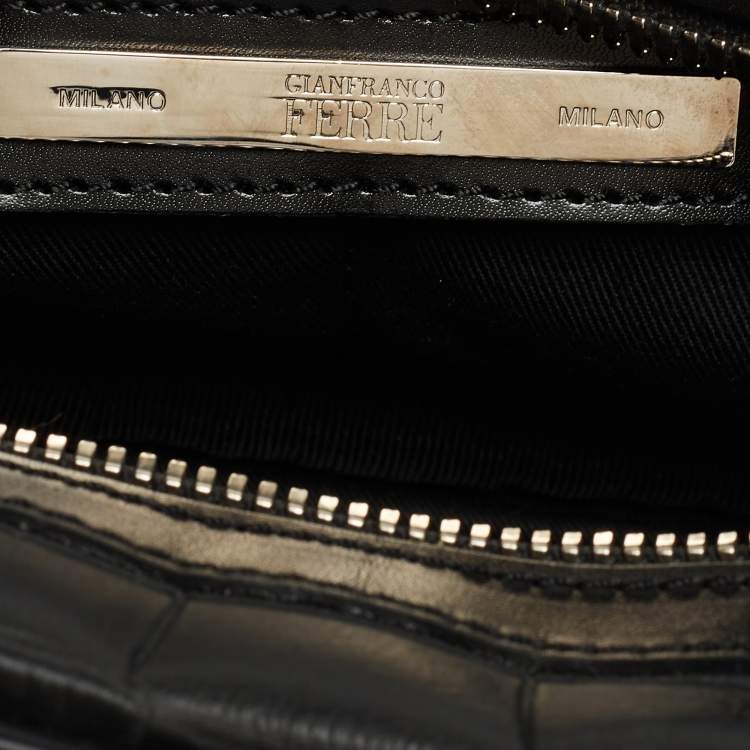 Pre Owned Gianfranco Ferre Black Croc Embossed Leather Oversized Pouch