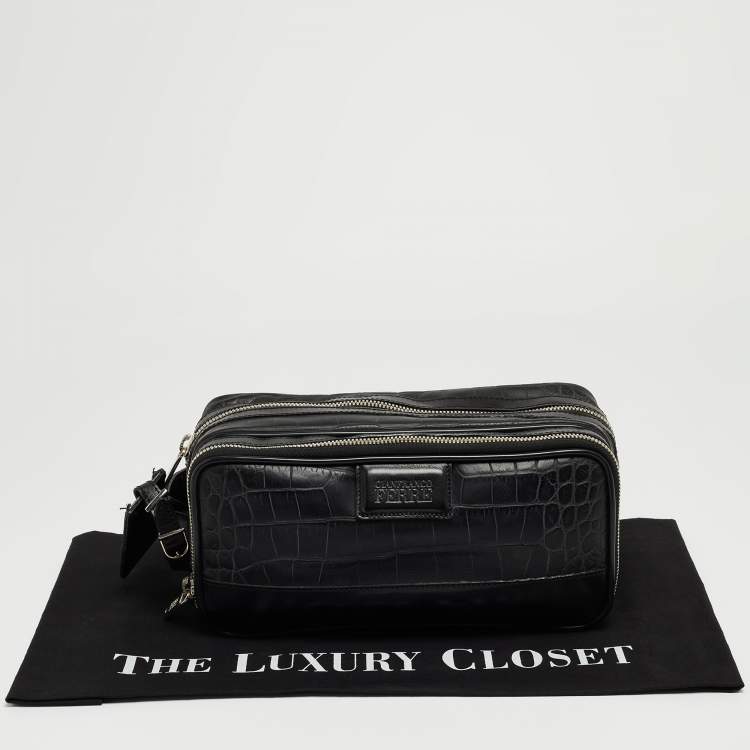 Pre Owned Gianfranco Ferre Black Croc Embossed Leather Oversized Pouch