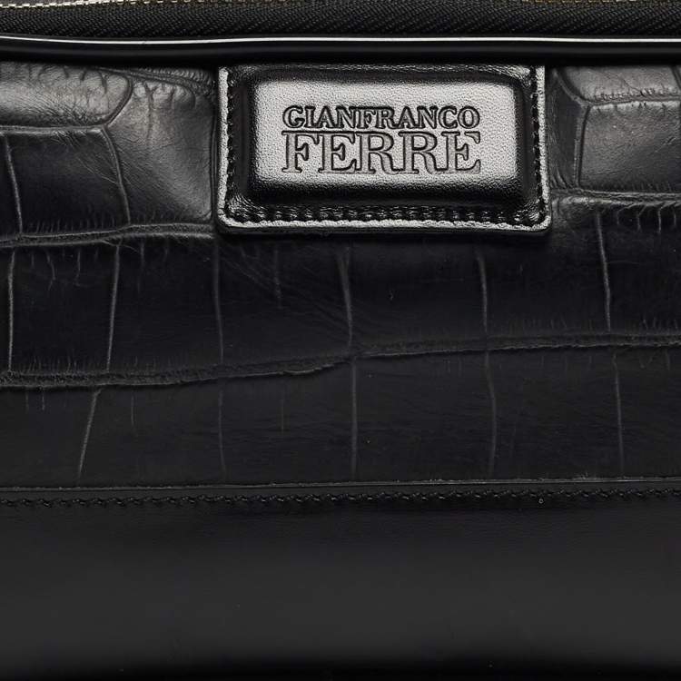 Pre Owned Gianfranco Ferre Black Croc Embossed Leather Oversized Pouch