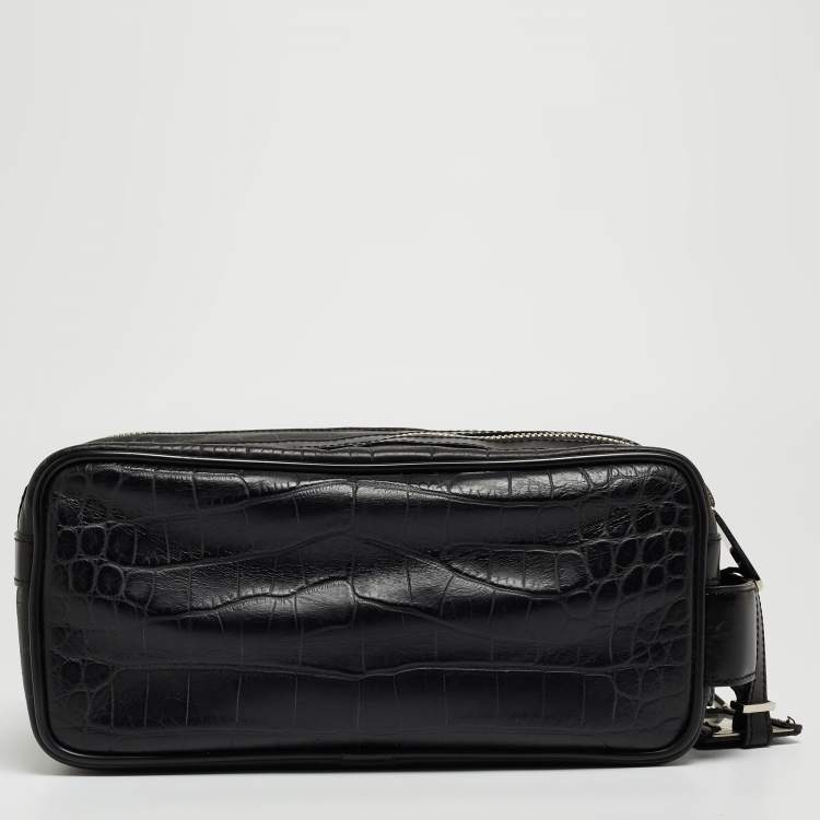 Pre Owned Gianfranco Ferre Black Croc Embossed Leather Oversized Pouch