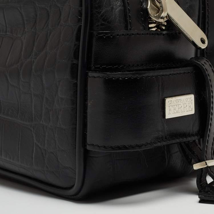Pre Owned Gianfranco Ferre Black Croc Embossed Leather Oversized Pouch