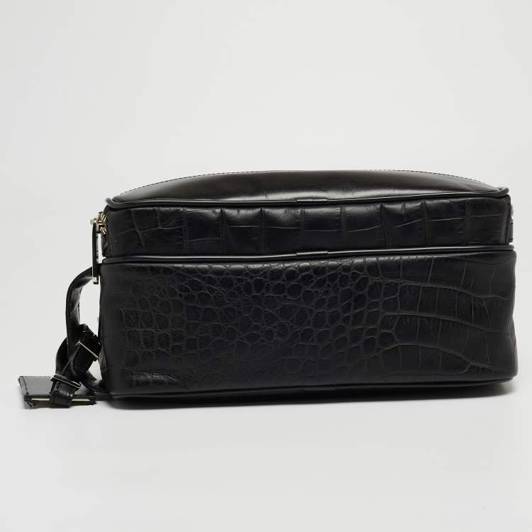 Pre Owned Gianfranco Ferre Black Croc Embossed Leather Oversized Pouch