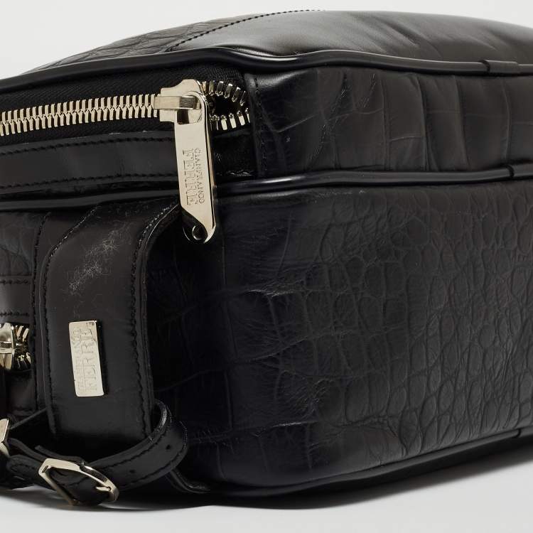 Pre Owned Gianfranco Ferre Black Croc Embossed Leather Oversized Pouch