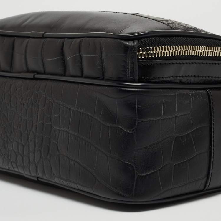Pre Owned Gianfranco Ferre Black Croc Embossed Leather Oversized Pouch