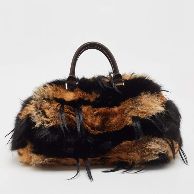 Pre Owned Gianfranco Ferre Brown/Black Fur Charm Frame Satchel