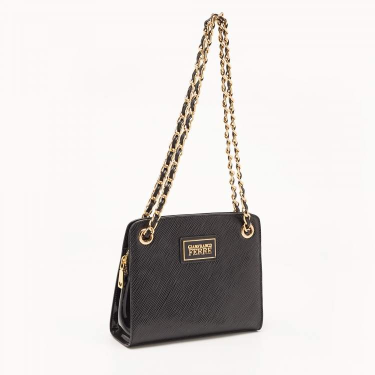Pre Owned Gianfranco Ferre Black Patent Leather Chain Shoulder Bag