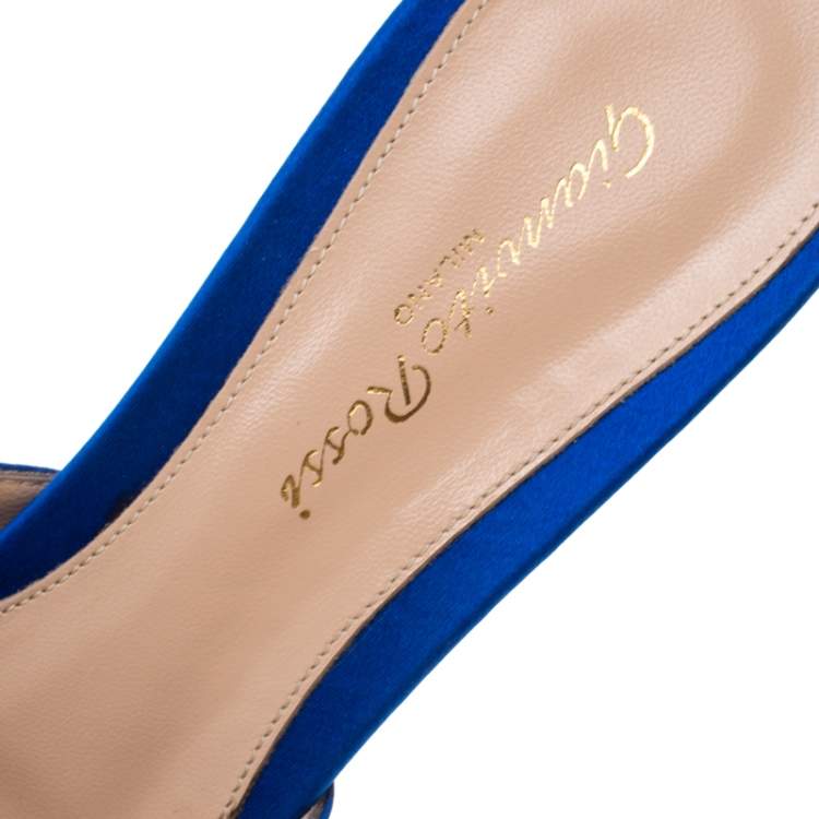 Pre Owned Gianvito Rossi Blue Satin Kyoto Bow Pointed Toe Slip On Mules Size 37.5