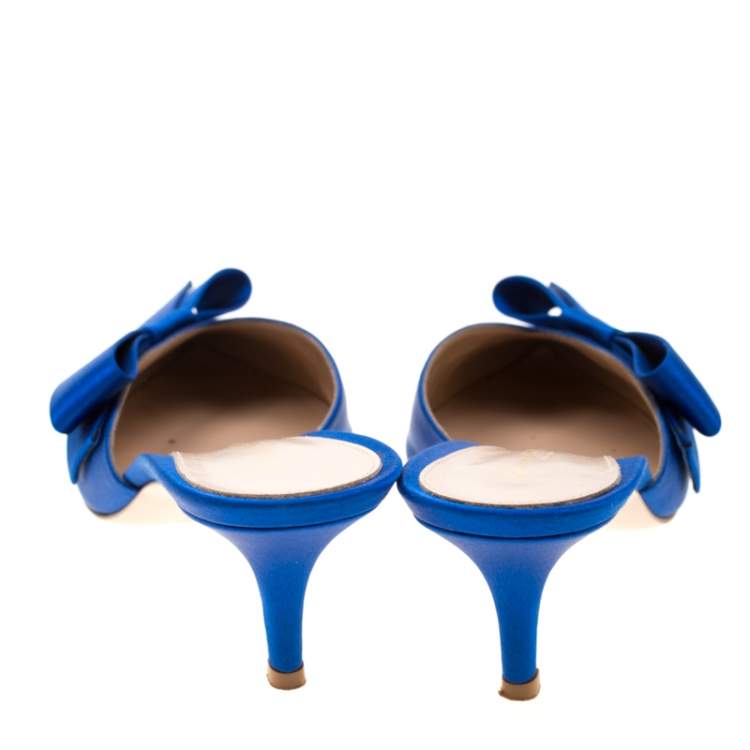 Pre Owned Gianvito Rossi Blue Satin Kyoto Bow Pointed Toe Slip On Mules Size 37.5