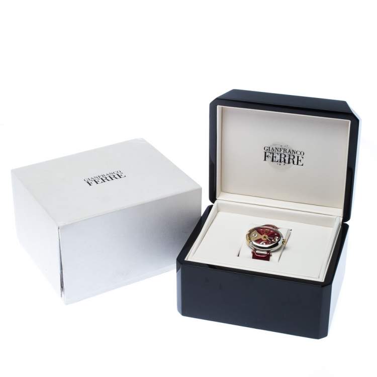 Pre Owned Gianfranco Ferre Red White Stainless Steel Diamond Collection Oval Watch 44 mm