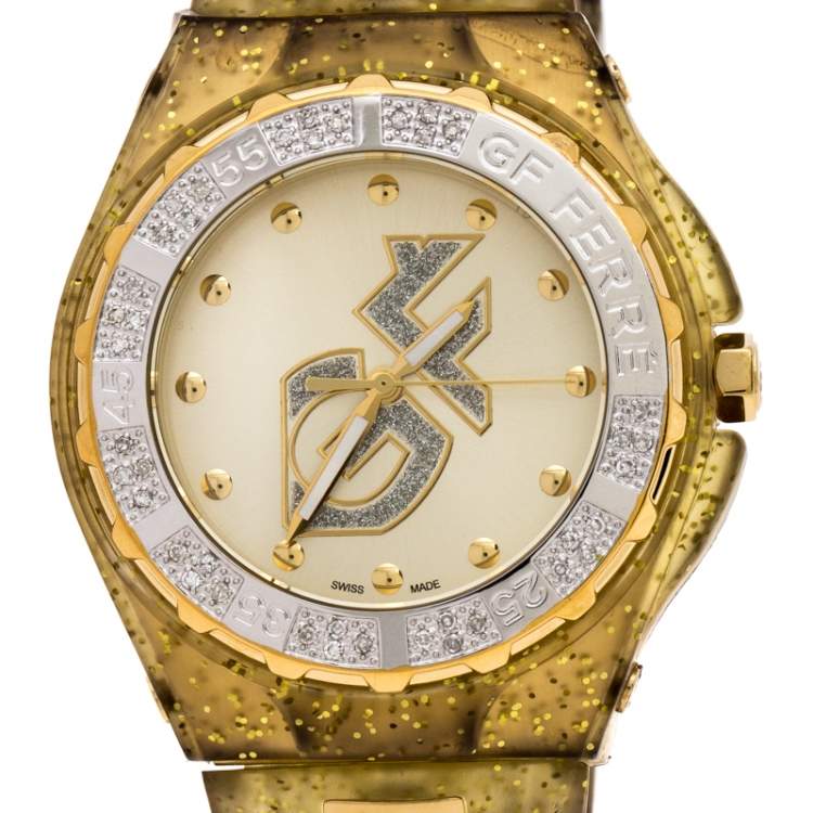 Pre Owned GF Ferre Yellow Gold Plated Stainless Steel Rubber GF.9024J Women's Wristwatch 45 mm