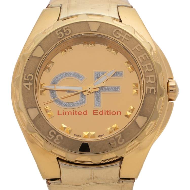 Pre Owned Gianfranco Ferre Gold Tone Stainless Steel 9040J Limited Edition Diamond Unisex Wristwatch 44MM