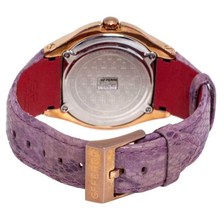 Pre Owned GF Ferre White Rose Gold Plated Stainless Steel Leather 9079J Women's Wristwatch 45 mm