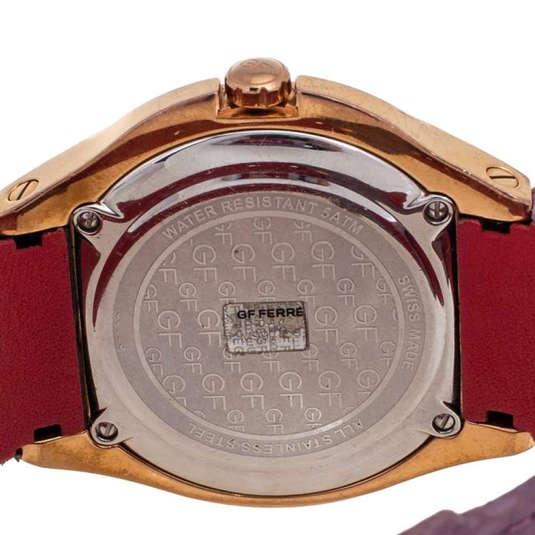 Pre Owned GF Ferre White Rose Gold Plated Stainless Steel Leather 9079J Women's Wristwatch 45 mm