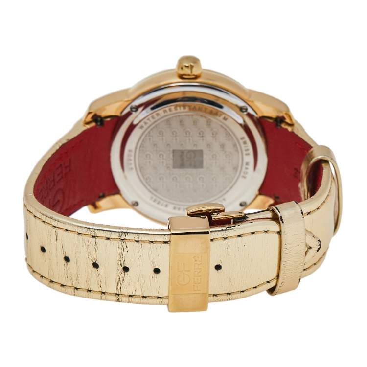 Pre Owned GF Ferre Champagne Gold Plated Stainless Steel Leather 9065B Women's Wristwatch 42 mm