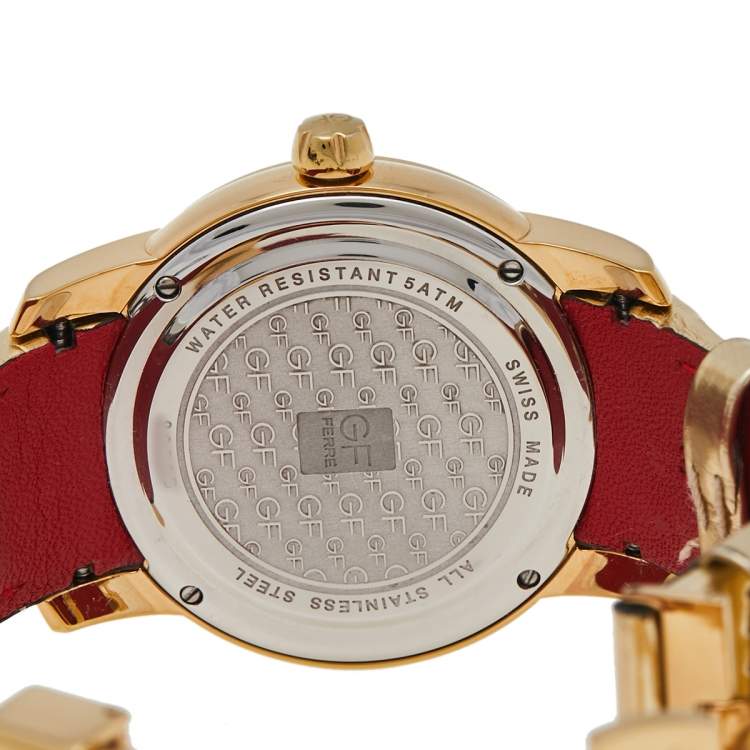 Pre Owned GF Ferre Champagne Gold Plated Stainless Steel Leather 9065B Women's Wristwatch 42 mm
