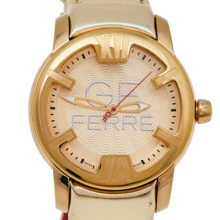 Pre Owned GF Ferre Champagne Gold Plated Stainless Steel Leather 9065B Women's Wristwatch 42 mm