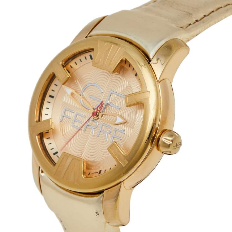 Pre Owned GF Ferre Champagne Gold Plated Stainless Steel Leather 9065B Women's Wristwatch 42 mm