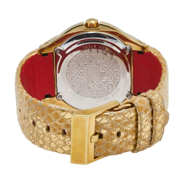 Pre Owned GF Ferre Mother of Pearl Gold Plated Stainless Steel Leather 9062J Women's Wristwatch 43 mm