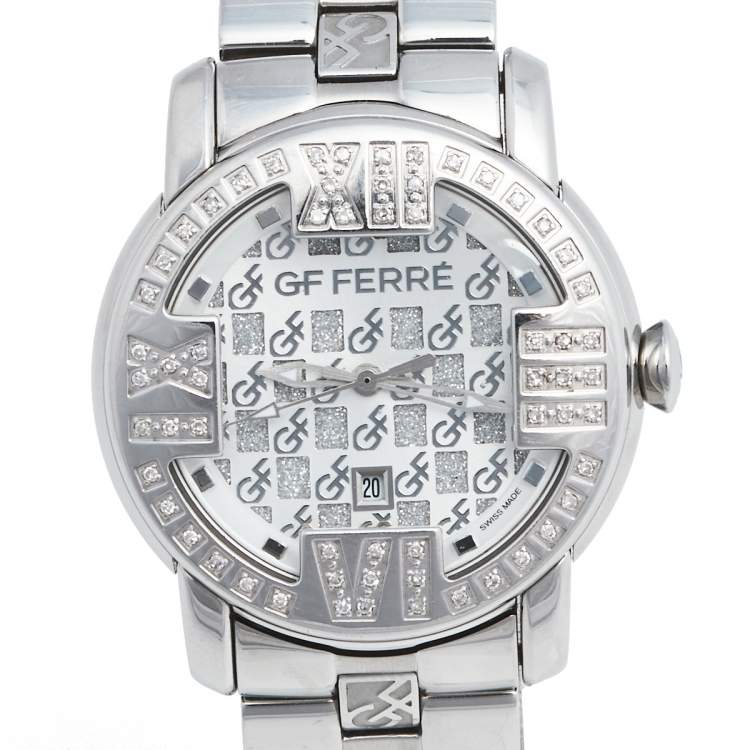 Pre Owned GF Ferre Silver Stainless Steel Diamond 9025L Women's Wristwatch 34 mm