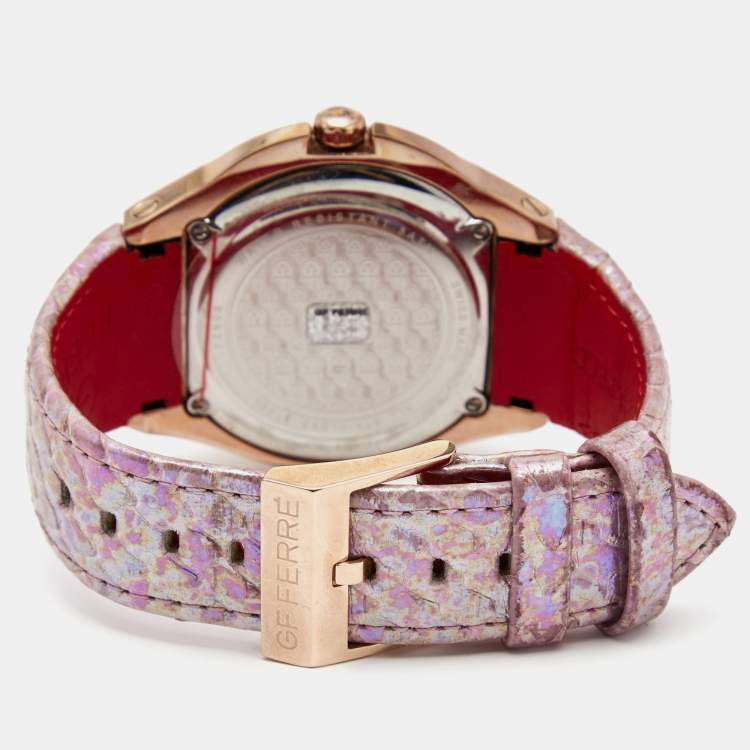 Pre Owned GF Ferre Mother of Pearl Gold Plated Stainless Steel Leather 9062J Women's Wristwatch 43 mm