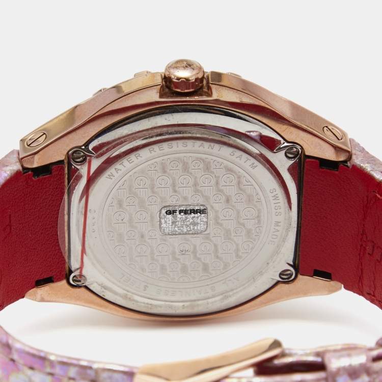 Pre Owned GF Ferre Mother of Pearl Gold Plated Stainless Steel Leather 9062J Women's Wristwatch 43 mm