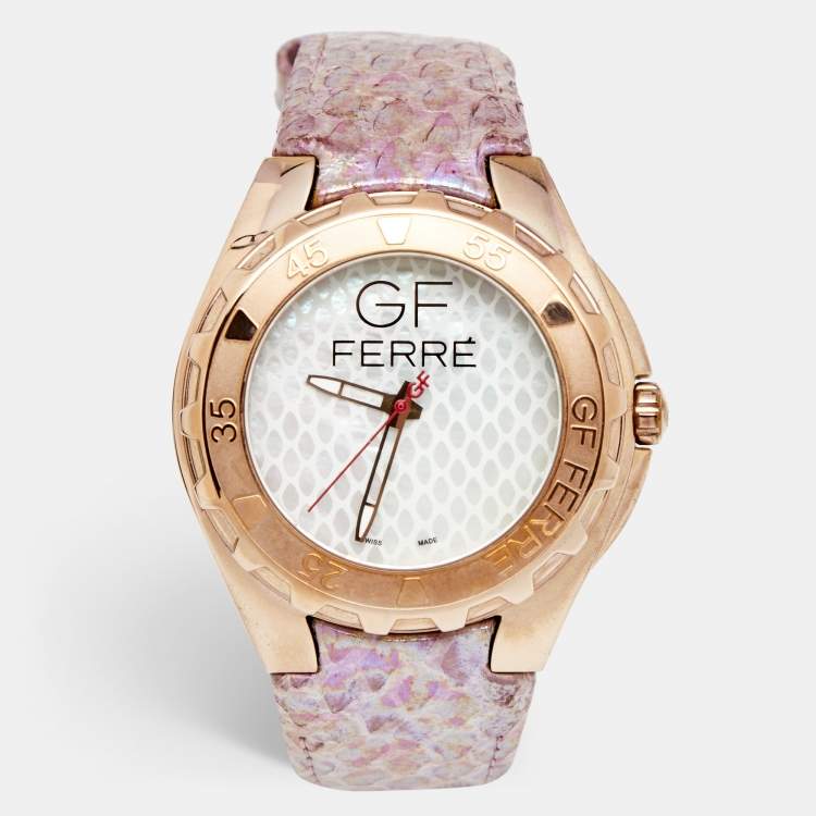 Pre Owned GF Ferre Mother of Pearl Gold Plated Stainless Steel Leather 9062J Women's Wristwatch 43 mm