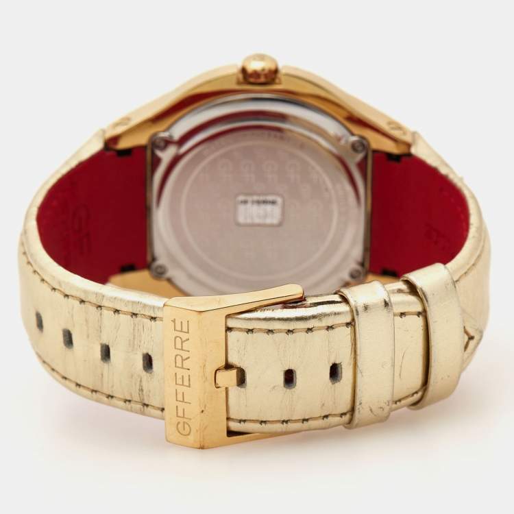 Pre Owned GF Ferre Champagne Gold Plated Stainless Steel Leather 9074J Women's Wristwatch 44 mm