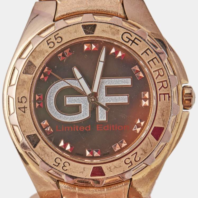 مملوكة مسبقًا Gianfranco Ferre Rose Gold Plated Stainless Steel Leather 9040M Limited Edition Unisex Wristwatch 44 mm