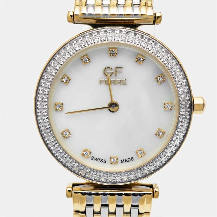 Pre Owned GF Ferre Mother Of Pearl Crystal Embellished Two-Tone Stainless Steel GPGP7440.1.2 Women's Wristwatch 31.50 mm