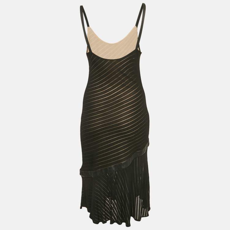 Pre Owned Gianni Versace Couture Black Pattered Knit Leather Trim Short Dress M 