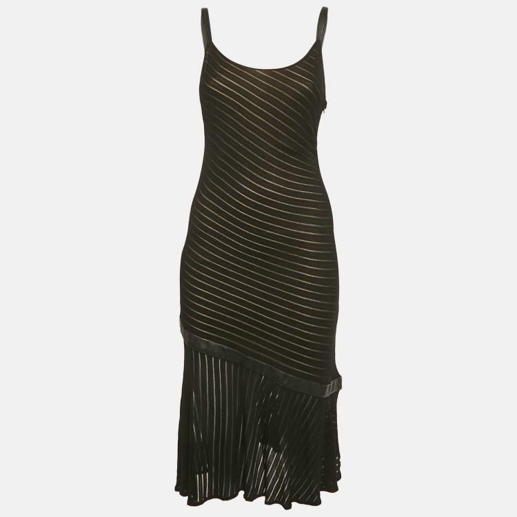 Pre Owned Gianni Versace Couture Black Pattered Knit Leather Trim Short Dress M 