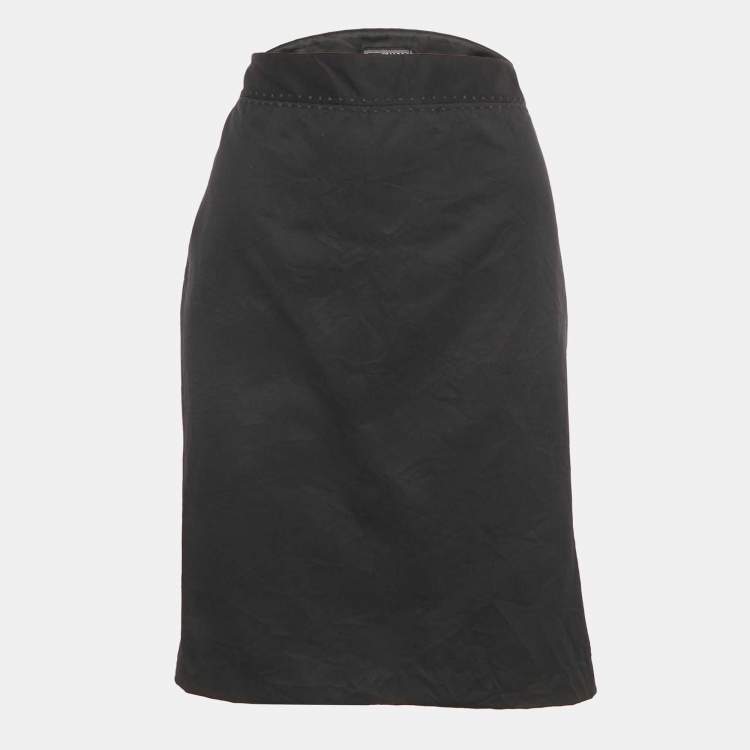 Pre Owned Gianni Versace Black Embroidered Trim Silk Blend Pencil Skirt L