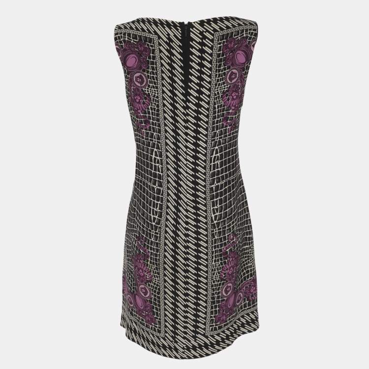 Pre Owned Gianni Versace Monochrome/Purple Animal Print Satin Medusa Sleeveless Mini Dress L