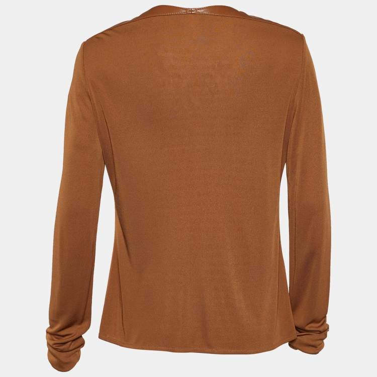 Pre Owned Gianni Versace Brown Knit Leather Collar Detail Top L