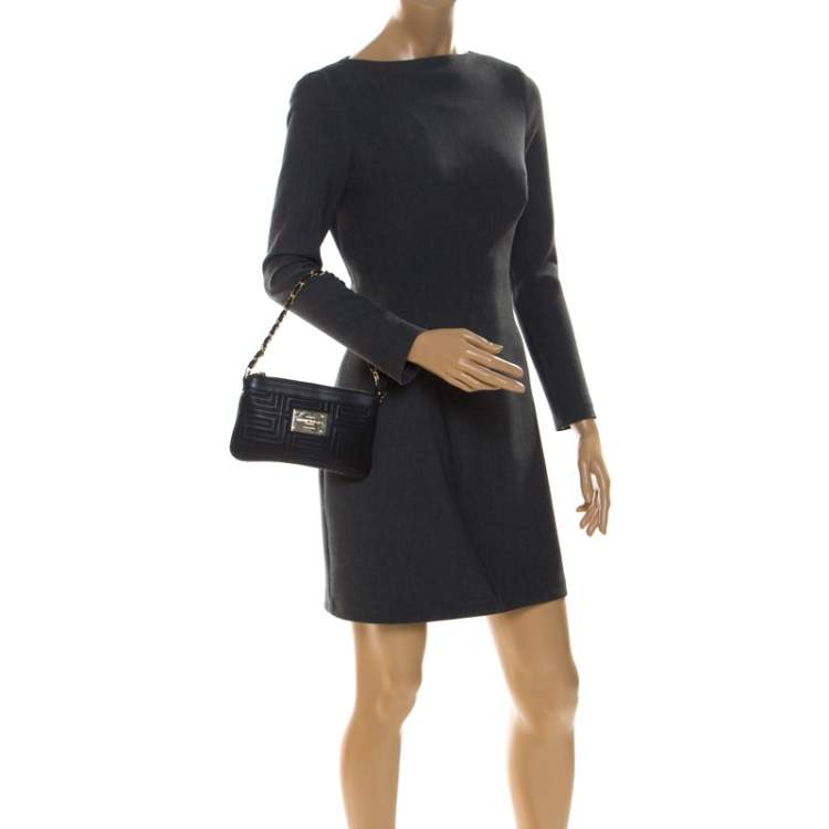 Pre Owned Versace Black Quilted Zip Clutch
