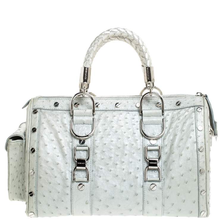 Pre Owned Versace Lime Green Ostrich Snap Out Of It Satchel