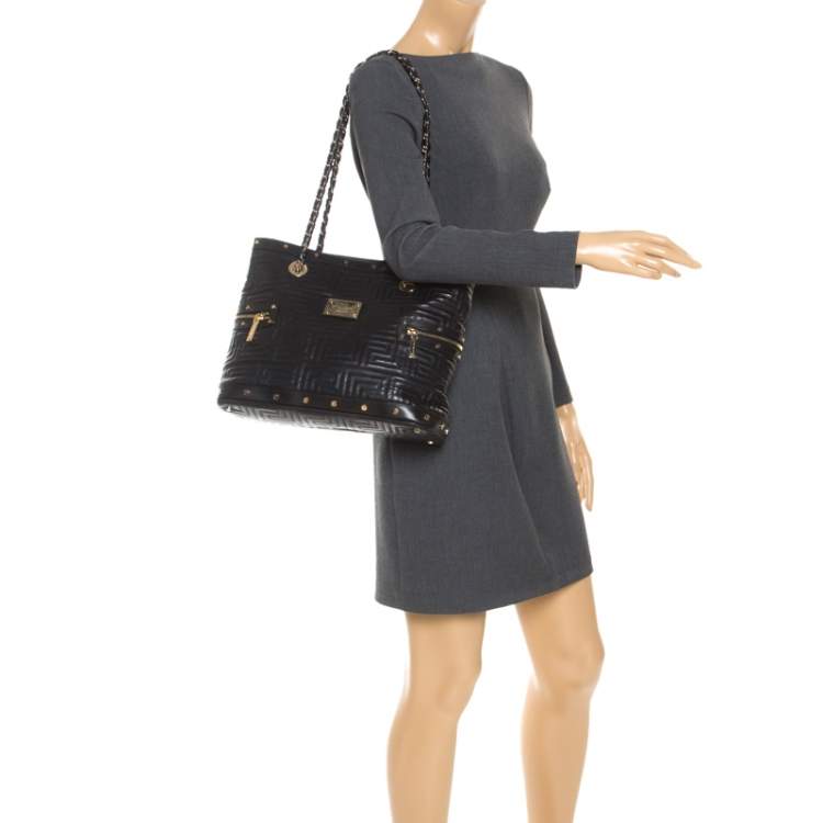 Pre Owned Versace Black Quilted Leather Sided Zip Tote